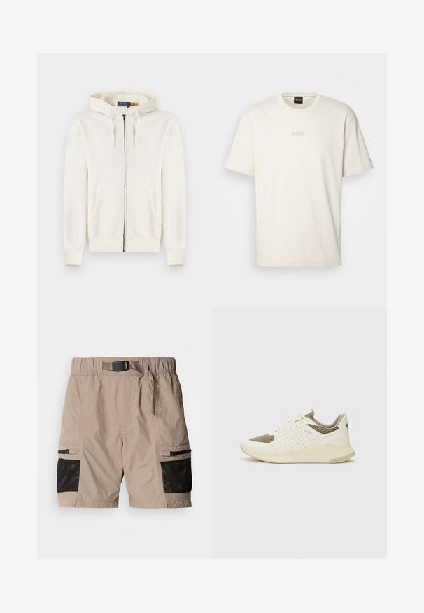 Cream-colored, full-zip hoodie with front pockets, drawstring hood, and ribbed cuffs, laid flat on a white background.; BOSS TEE - Basic T-shirt - open white; Beige cargo shorts with a textured fabric, featuring mesh panel accents in black, elastic waistband, and side pockets with zippers.; White and light beige athletic sneaker, featuring a mesh upper, perforated detailing, and a textured midsole with branding on the heel.