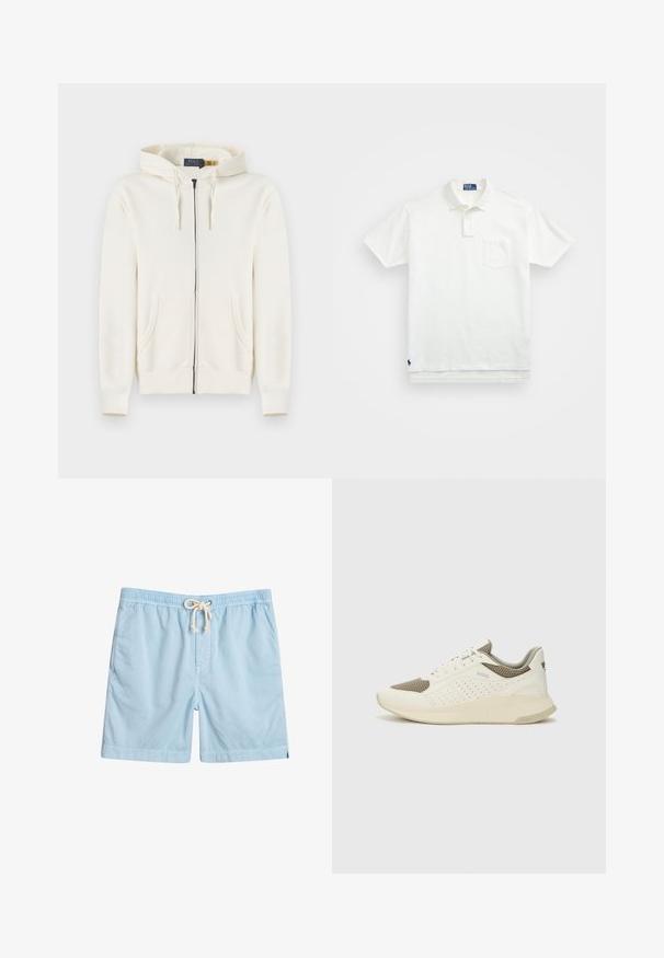 Krēmkrāsas, pilna rāvējslēdzēja kapuce ar priekšējām kabatām, savelkamu kapuci un ripšotu aproču, izklāta uz baltas fona.; Balta polo krekls, izgatavots no kokvilnas, ar klasisku apkakli, trīs pogu aizdari un kreisajā krūtī kabatu; neliels logo apakšmalā.; Gaiši zili peldēšanas šorti no mīksta auduma, ar elastīgu jostu, priekšējām kabatām un ar auklu, lai pielāgotu izmēru.; Baltas un gaiši bež sporta apavi, ar sieta augšdaļu, perforētiem detaļām un teksturētu vidusdaļu ar zīmolu uz papēža.