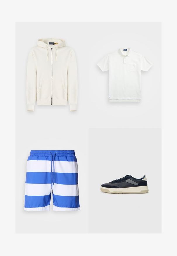 Krēmkrāsas, pilna rāvējslēdzēja kapuce ar priekšējām kabatām, savelkamu kapuci un ripšotu aproču, izklāta uz baltas fona.; Balta polo krekls, izgatavots no kokvilnas, ar klasisku apkakli, trīs pogu aizdari un kreisajā krūtī kabatu; neliels logo apakšmalā.; Zili un balti svītraini peldbikšu šorti, izgatavoti no viegla auduma, ar elastīgu jostasvietu un saistītiem aukliņām, kā arī gludu tekstūru.; BOSS BALTIMORE - Sporta apavi - open blue
