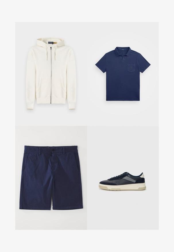 Kremna kapuca s punim zatvaranjem na zip, s prednjim žepovima, kapuljačom s ušicom za stezanje i rebrastim manžetama, položena ravno na bijeloj pozadini.; Temno modra polo majica z kratkim ovratnikom, žepom na prsih in vezenim logotipom. Narejena iz mehkega, teksturiranega materiala.; Mornarsko modri bombažni šortsi s ravnim krojem, z obročki za pas, sprednjim gumbom in dvema stranskima žepoma. Gladka tekstura.; BOSS BALTIMORE - Športni copati - open blue