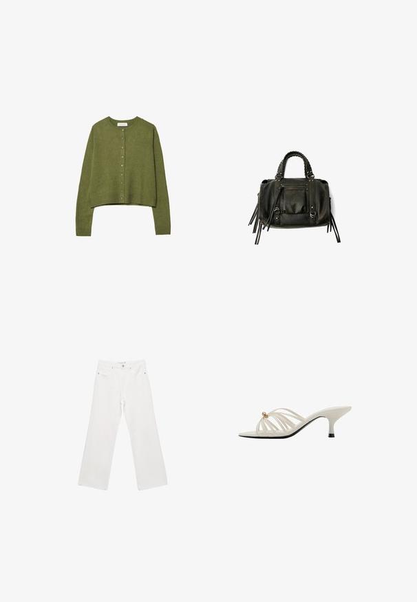 Olijf groene, gebreide cardigan met lange mouwen, ronde hals en sluiting met knopen aan de voorkant, cropped zoom, ribgebreide boorden en tailleband.; Witte katoenen t-shirt met een centraal sterontwerp van strasstenen, korte mouwen en een ronde hals. Zachte textuur, casual pasvorm.; Witte denim wijde broek met een klassiek vijf-pocket ontwerp, metalen hardware en contrasterende stiksels. Soepele textuur en een relaxte pasvorm.; Witte hakken met bandjes en een gebogen ontwerp, voorzien van een gouden accent en een zwarte zool. Gladde textuur en open teen stijl.; Zwarte lederen handtas met gevlochten handvatten, ritsvak en hangende franjes. Gelaagde oppervlakte met metalen studs en hardwareaccenten.; Gouden bangle met een gladde buitenkant en een gestructureerde binnenkant. Kenmerkt zich door een brede, ronde vorm met een open uitsparing aan één kant.