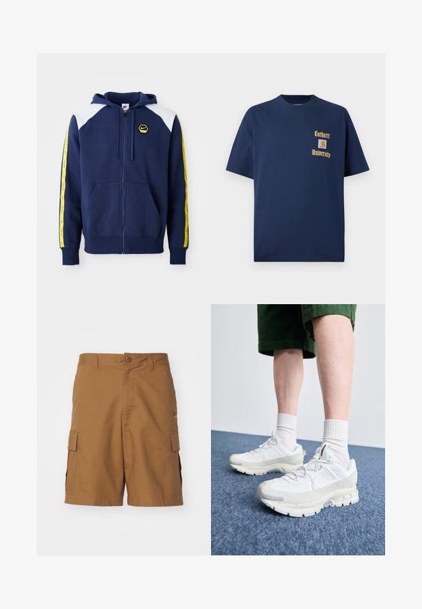 Fleece com zíper na frente, azul marinho, com detalhes brancos nos ombros, riscas amarelas laterais e logótipo, e bolsos frontais. Feito de um tecido suave.; T-shirt de algodão azul-marinho com mangas curtas, apresentando texto dourado "Carhartt University" e um emblema no lado esquerdo do peito.; Bermudas castanhas de tecido texturizado, com fecho de botão, bolsos laterais e corte reto. A cintura tem passadores para cinto, permitindo um ajuste personalizado.; Sapatos atléticos brancos com sobreposições texturizadas, sola espessa e detalhes em cinza. Usados com meias brancas até ao tornozelo e calções verdes sobre uma superfície azul.