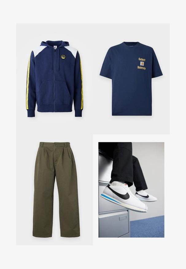 Tengeri kék zipzáras kapucnis pulóver fehér vállbetétekkel, sárga oldalsávokkal, amelyeken embléma található, és elülső zsebekkel. Puha anyagból készült.; Sötétkék pamut póló rövid ujjal, arany színű "Carhartt University" felirattal és logóval a bal mellen.; Olive zöld cotton nadrág, egyenes fazonnal, elülső redőkkel és gombos záródással a deréknál. Nincsenek látható zsebek.; Fehér bőr sportcipő fekete Nike logóval, világoskék és szürke gumitalppal, valamint klasszikus fűzős kialakítással. A lábak egy iratmegőrző szekrényen pihennek.