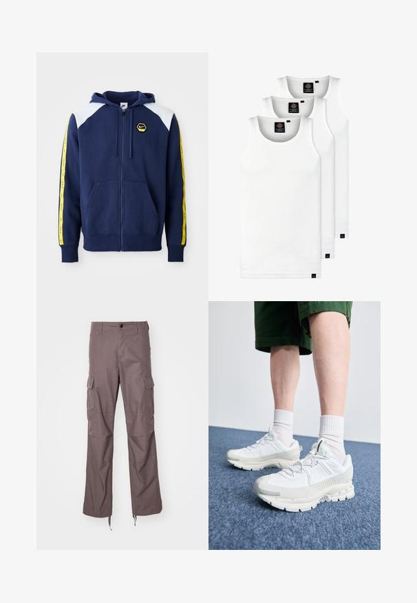 Jūras spēku zip-up kapuce ar baltām plecu akcentiem, dzeltenām sānu joslām, uz kurām ir logs, un priekšējām kabatām. Izgatavota no mīksta auduma.; Trīs baltas ribotas krūšturi, kas izgatavoti no kokvilnas. Iezīmēti ar apaļu kakla izgriezumu un maziem melniem etiķetēm tuvu apakšmalai. Pieejami vairākos izmēros.; Kargo bikses ar teksturētu taupe audumu, kas aprīkotas ar vairākiem sānu kabatām, taisnas kājas dizainu un regulējamām siksnām apakšā.; Baltas sporta apavi ar teksturētām detaļām, masīvu zoli un pelēkiem akcentiem. Valkāti ar baltiem zeķu pēdu apģērbiem un zaļām šortiem uz zilas virsmas.