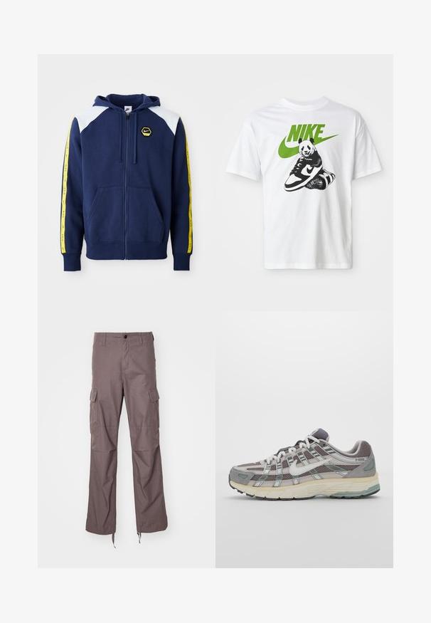Veste à capuche zippée marine avec des accents blancs sur les épaules, des rayures jaunes sur les côtés arborant un logo, et des poches avant. Fabriquée à partir d'un tissu doux.; T-shirt en coton blanc avec un graphique de panda en noir et blanc tenant une paire de baskets Nike, avec un logo Nike vert au-dessus.; Pantalons cargo en tissu taupe texturé, présentant plusieurs poches latérales, un design à jambes droites et des sangles ajustables à l'ourlet.; Chaussure de sport grise avec une tige en mesh et en daim, accents blancs, semelle rembourrée et un design distinctif avec des éléments réfléchissants.
