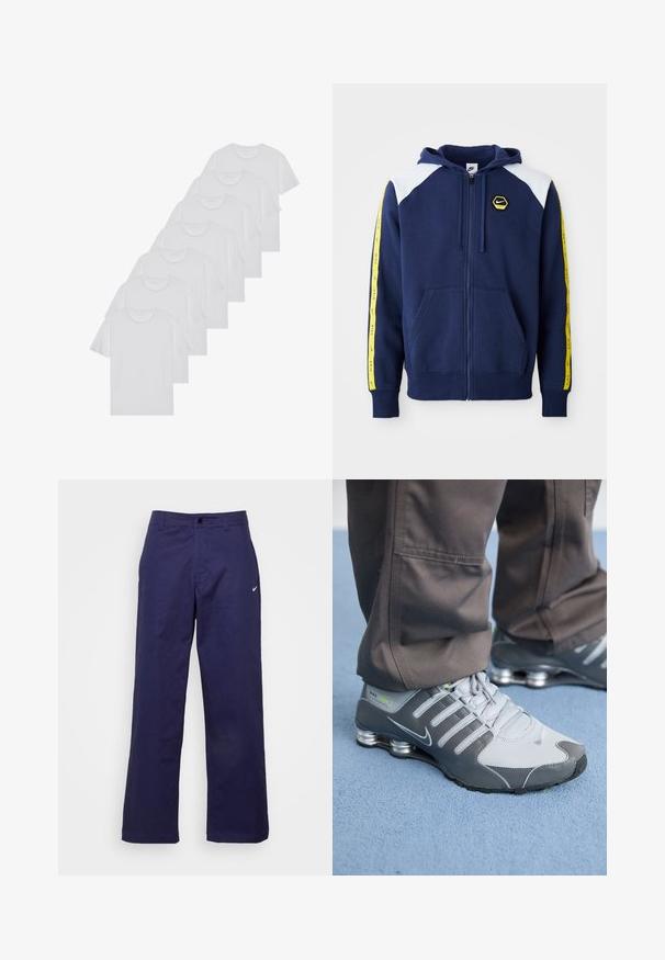 Námořnická zipová mikina s bílými akcenty na ramenou, žlutými bočními pruhy se znakem a předními kapsami. Vyrobena z měkké tkaniny.; Bílé bavlněné trička s krátkým rukávem, design s kulatým výstřihem, jednobarevná textura, naskládána do řady, s jemným brandingem na výstřihu.; Nike Sportswear PANT - Kalhoty - midnight navy/(white); Šedé a stříbrné tenisky Nike Shox mají elegantní design, s použitím síťoviny a syntetických materiálů, zaoblenou špičku a polstrovaný límec.