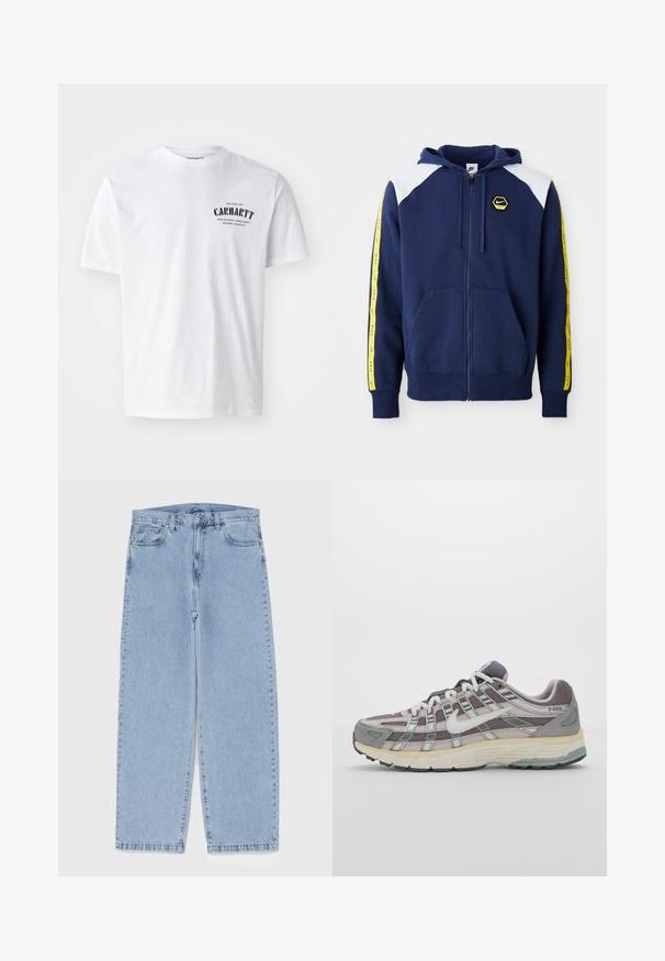 Tamsiai mėlyna zip-up gobtuvė su baltais pečių akcentais, geltonomis šoninėmis juostelėmis, featuring logotipu, ir priekinėmis kišenėmis. Pagaminta iš minkštos medžiagos.; Balti medvilnė marškinėliai su trumpomis rankovėmis, su juodu grafiniu spaudiniu ant kairiojo krūtinės, įskaitant žodį "Carhartt" ir papildomą tekstą.; Šviesiai mėlyni džinsai su tiesiomis kojomis, turintys vidutinio aukščio juosmenį, penkias kišenes ir mygtuko bei užtrauktuko uždarymą.; Pilkas sportinis batas su tinklu ir zomšos viršutine dalimi, baltomis detalėmis, paminkštintu padu ir išskirtiniu dizainu su atspindinčiais elementais.