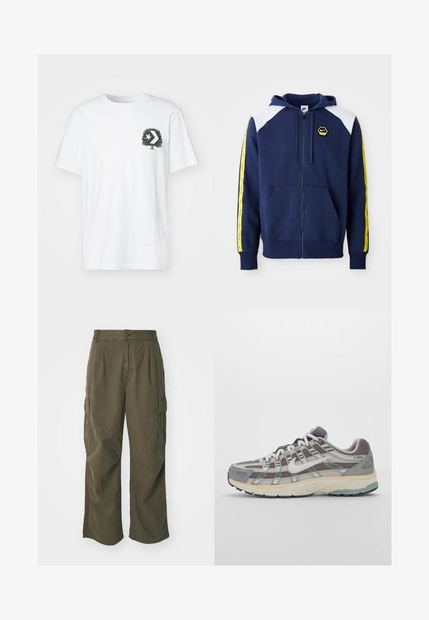 Sudadera con cremallera color marino, con acentos blancos en los hombros, franjas laterales amarillas que presentan el logo y bolsillos delanteros. Fabricada con un tejido suave.; Camiseta de algodón blanca con mangas cortas y cuello redondo. Presenta un diseño gráfico negro de un árbol y flechas en la zona del pecho izquierdo.; Pantalones cargo en verde oliva, fabricados en algodón, con un diseño de pierna ancha, pliegues y bolsillos laterales para mayor utilidad.; Zapatilla deportiva gris con parte superior de malla y ante, acentos blancos, suela acolchada y un diseño distintivo con elementos reflectantes.