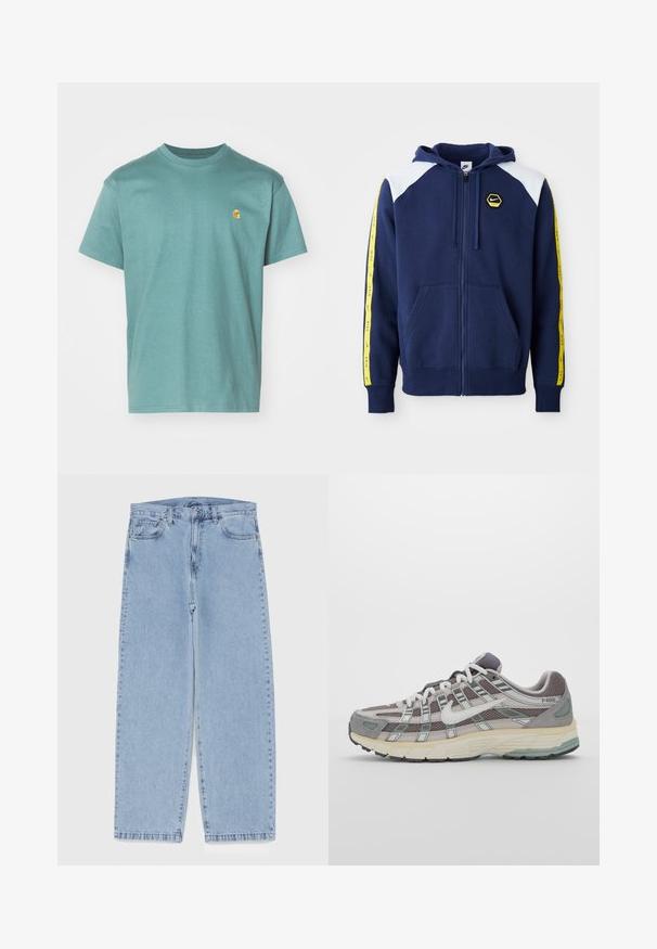 Marineblå zip-up hoodie med hvide skulderaccenter, gule sidelister med logo og frontlommer. Fremstillet af et blødt stof.; Bomulds T-shirt i teal, korte ærmer, rund halsudskæring, med et lille gult logo på venstre bryst. Textureret stof med en glat overflade.; Lyseblå denimjeans med straight leg-design, der har en mid-rise talje, fem lommer og en lukning med knap og lynlås.; Grå sportssko med overdel i mesh og ruskind, hvide accenter, en polstret sål og et særpræget design med reflekterende elementer.
