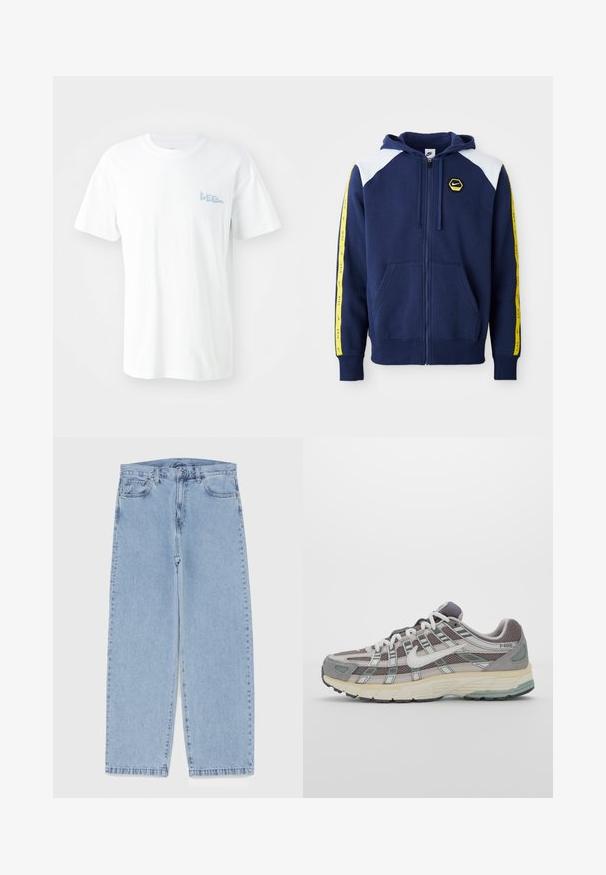 Merineerist valmistatud tõmblukuga kapuutsiga särk, millel on valged õlavarre aktsendid, kollased külgede triibud logo ja eesmind põrkide jaoks. Valmistatud pehmest kangast.; Valge puuvillane T-särk lühikeste varrukatega. Vasakul rinnal on helesinine trükitud "LEE" logo. Ümmargune lõhik, tavaline mõõt.; Heled sinise denimi sirgete põlvede lõikega teksad, millel on keskmise kõrgusega vöökoht, viis taskut ning nööbid ja tõmblukk.; Hallus hallitus jalanõud, millel on võrgust ja sametist ülemine osa, valged rõhutused, pehme tald ning eristuv disain peegelduvate elementidega.