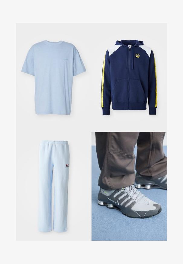 Navy zip-up huppari valkoisilla hartiatunneilla, keltaisilla sivuraitoilla, joissa on logo, sekä etutaskut. Valmistettu pehmeästä kankaasta.; Vaaleansininen puuvillapaita lyhyillä hihoilla, pyöreällä kaula-aukolla ja pienellä brodeeratulla logolla edessä. Pehmeä rakenne, rento istuvuus.; Vaaleansiniset verkkarit, joissa on elastinen vyötärö, pieni punainen Nike-logo ja "Athletic Department" -teksti. Pehmeää puuvillamateriaalia.; Harmaat ja hopeiset Nike Shox -tennarit ovat tyylikkään muotoilun omaavia, joissa on verkko- ja synteettisiä materiaaleja, pyöreä kärki ja pehmustettu nilkkareunus.
