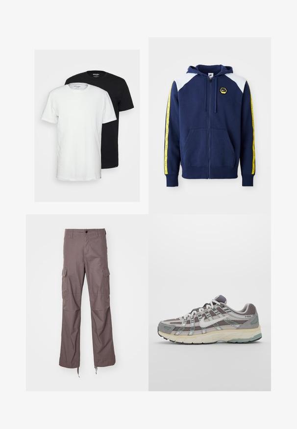 Tengeri kék zipzáras kapucnis pulóver fehér vállbetétekkel, sárga oldalsávokkal, amelyeken embléma található, és elülső zsebekkel. Puha anyagból készült.; Két pamut póló, egy fehér és egy fekete, klasszikus kerek nyakú dizájnnal. Mindkettő rövid ujjú és laza szabású.; Texturált taupe színű anyagból készült cargo nadrág, több oldalsó zsebbel, egyenes lábú fazonnal, és állítható pántokkal az alján.; Szürke sportcipő, hálós és velúr felsőrésszel, fehér részletekkel, párnázott talppal és jellegzetes dizájnnal, amely visszaverő elemeket tartalmaz.