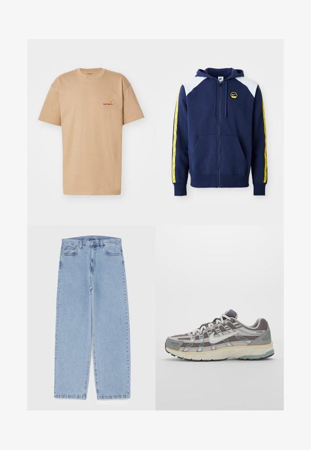 Navy zip-up hoodie with white shoulder accents, yellow side stripes featuring logo, and front pockets. Made from a soft fabric.; Beige cotton t-shirt with short sleeves, crew neck, and red Carhartt logo embroidered on left chest. Simple, relaxed fit design.; Light blue denim jeans with straight leg design, featuring a mid-rise waist, five pockets, and a button and zipper closure.; Gray athletic shoe featuring a mesh and suede upper, white accents, a cushioned sole, and a distinctive design with reflective elements.