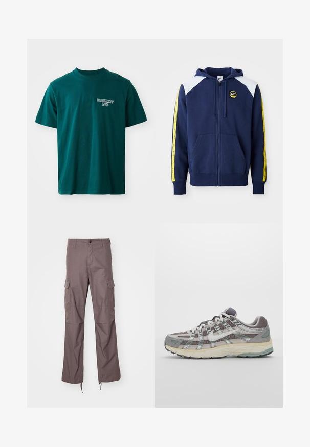 Navy zip-up huppari valkoisilla hartiatunneilla, keltaisilla sivuraitoilla, joissa on logo, sekä etutaskut. Valmistettu pehmeästä kankaasta.; Teal t-paita, jossa on lyhyet hihat ja pyöreä kaula-aukko. Vasemmassa rinnassa on valkoinen "Carhartt WIP" -logo. Yksinkertainen muotoilu, suora leikkaus.; Cargo-housut karkean taupe-kankaan materiaalista, joissa on useita sivutaskuja, suora lahjesuunnittelu ja säädettävät hihnat helmassa.; Harmaa urheilukenkä, jossa on verkko- ja mokkanahkainen yläosa, valkoiset yksityiskohdat, pehmustettu pohja ja erottuva muotoilu heijastavilla elementeillä.