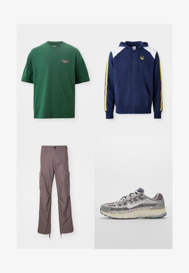 Granatowy hoodie z zamkiem błyskawicznym, z białymi akcentami na ramionach, żółtymi paskami po bokach z logo oraz kieszeniami z przodu. Wykonany z miękkiego materiału.; Zielona koszulka z krótkim rękawem wykonana z bawełny. Posiada okrągły dekolt oraz małe różowe logo "Carhartt WIP" na lewej piersi.; Spodnie cargo w fakturowanej tkaninie w odcieniu taupe, z wieloma kieszeniami bocznymi, prostym krojem nogawek oraz regulowanymi paskami na dole.; Szare buty sportowe z siateczkowym i zamszowym wierzchem, białymi akcentami, amortyzowaną podeszwą oraz charakterystycznym designem z elementami odblaskowymi.