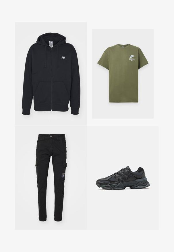 Musta vetoketjuhuppari, jossa on etutaskut, narutakki ja valkoinen New Balance -logo rinnassa.; Oliivinvihreä puuvillapaita, jossa lyhyet hihahat, pyöreä pääntie ja valkoinen painatus: "NIKE AUTHORIZED PERSONNEL ONLY" edessä.; Mustat cargo-housut, jotka on valmistettu puuvillasta ja joissa on kapea muotoilu. Housuissa on useita sivutaskuja, vetoketjusuljenta ja pala- eli korjaustyydite vasemmassa lahkeessa.; Musta juoksukenkä, jossa on yhdistelmä verkko- ja synteettisiä materiaaleja, paksu pohja, kaareva muotoilu ja näkyvä brändäys sivussa.