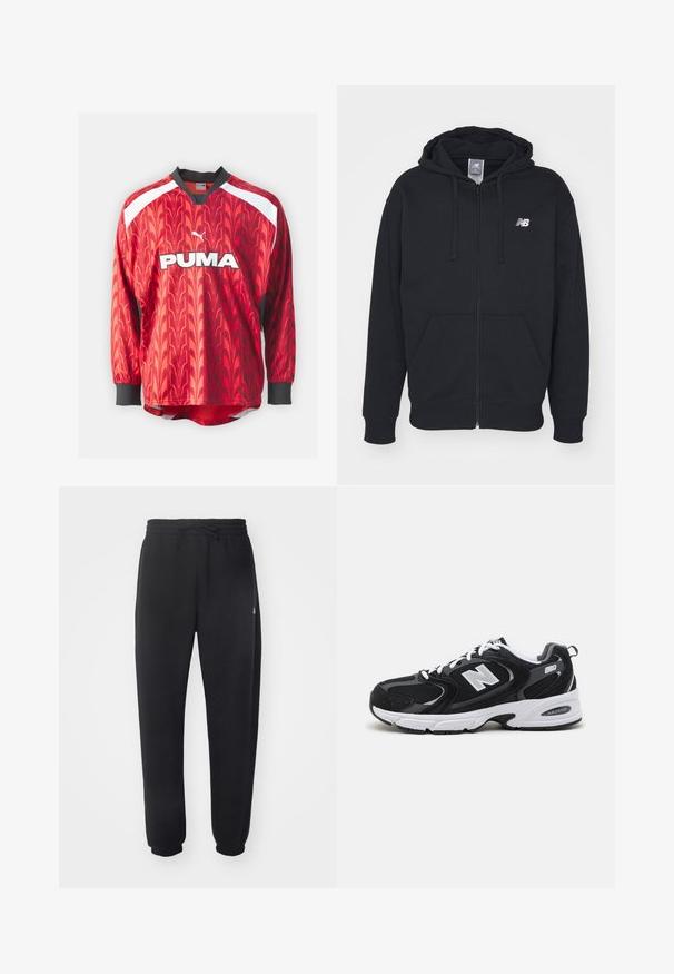 Crna zip-up dukserica s prednjim džepovima, kapuljačom s vezicom i bijelim New Balance logom na prsima.; Puma FOOTBALL LONGSLEEVE - Top dugih rukava - intense red; Crne sweatpants napravljene od mekog materijala s elastičnom trakom u struku, žicom za zatezanje i suženim manžetama, s blagim logotipom sa strane.; Crne i sive atletske tenisice s mrežastim i nubuk gornjim dijelom, s bijelom srednjom potplatom, vezicama i hrabrim "N" logotipom sa strane.