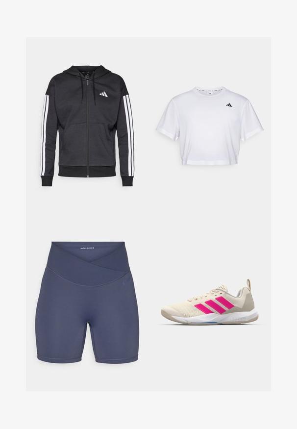 Črna zip-up kapuca s kapuco, bel trojni trak na rokavih in sprednji kenguru žep. Mehka tkanina in rebrast rob.; Bela skrajšana majica iz mehkega blaga, z kratkimi rokavi in okroglim izrezom. Črn logotip na levem prsou.; Mornarsko modri kratki hlače z visokim pasom, izdelane iz raztegljive tkanine, z načrtom prečnega pasu in ravnimi šivi za udobje.; Bežni atletski čevlji z rožnatim logotipom s tremi črtami, teksturiran zgornji del iz mrežaste tkanine, oblazinjen ovratnik in bel gumijast podplat, ki nosi blagovno znamko "LIGHTSTRIKE".