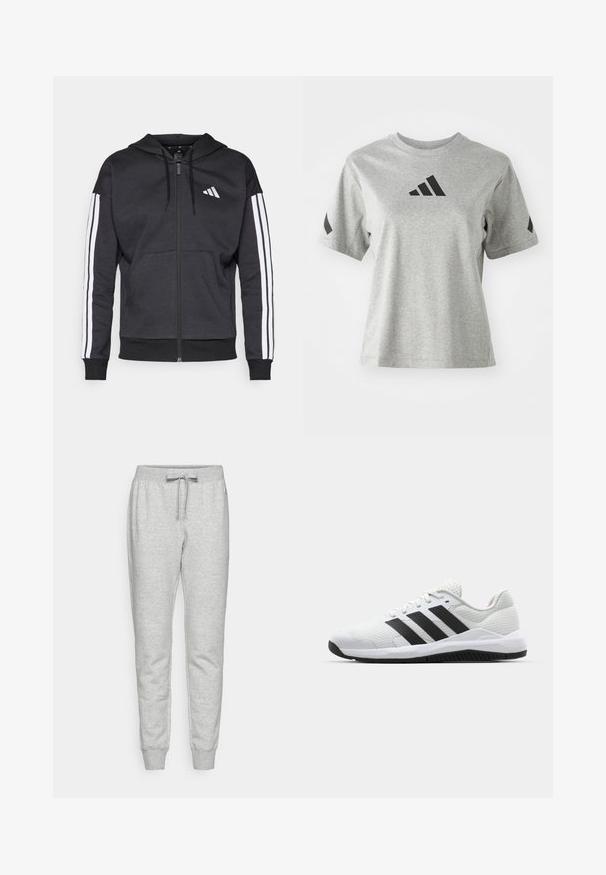 Fekete zipzáras kapucnis pulóver, fehér háromsávos mintával az ujjakon, és elöl kenguruzsebbel. Puha anyagból készült, bordás aljjal.; Szürke, kerek nyakú póló, puha anyagból készült, fekete Adidas logóval a mellkasán és fekete részletekkel a ujjain.; Szürke, puha pamut keverékből készült melegítőnadrág, rugalmas derekú, zsinórral állítható, szűkülő lábakkal és bordázott passzékkal a bokán.; Fehér sportcipők lélegző hálós anyagból, fekete háromcsíkos díszítéssel, texturált sarokkal és gumitalppal a tapadásért.