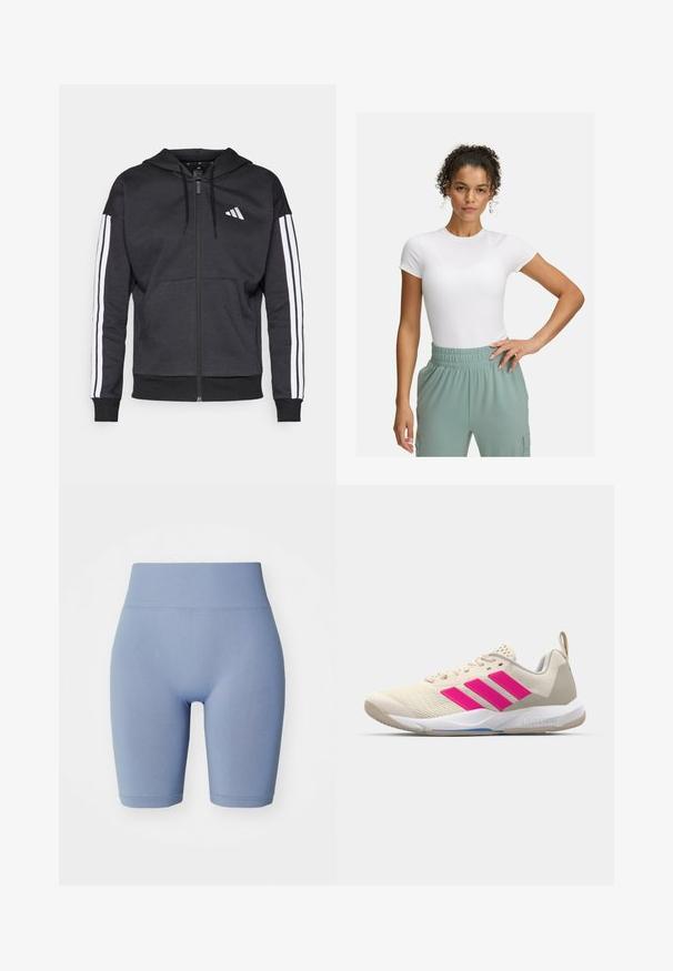 Felpa nera con zip, cappuccio, design a tre strisce bianche sulle maniche e tasca a marsupio frontale. Tessuto morbido e bordo a costine.; T-shirt bianca aderente con maniche corte, abbinata a pantaloni con elastico in vita di colore verde chiaro. Texture liscia, design minimalista e nessun motivo visibile.; Shorts da bici blu chiaro con vita alta elasticizzata. Texture liscia, design aderente e lunghezza fino a metà coscia. Senza motivi o accenti.; Scarpa sportiva beige con logo a tre strisce rosa, tomaia in rete testurizzata, collo imbottito e suola in gomma bianca, con il marchio "LIGHTSTRIKE".