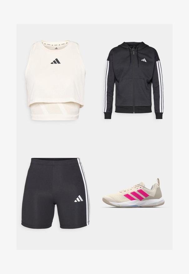 Zwarte hoodie met ritssluiting en capuchon, witte drie-strepen ontwerp op de mouwen, en een vooraanstaande kangoeroezak. Zacht materiaal en ribgebreide boord.; Witte sportieve crop tanktop gemaakt van ademend materiaal. Beschikt over een ronde halslijn, geperforeerde textuur en een zwart logo aan de voorkant.; Zwarte sportshorts van rekbare stof, met witte zijstrips en een Adidas-logo op de onderkant van het rechterbeen. Als een gladde textuur.; Beige sportshoe met een roze drie-strepen logo, een textuur-mesh bovenkant, een gevoerde kraag en een witte rubberen zool, met "LIGHTSTRIKE" branding.