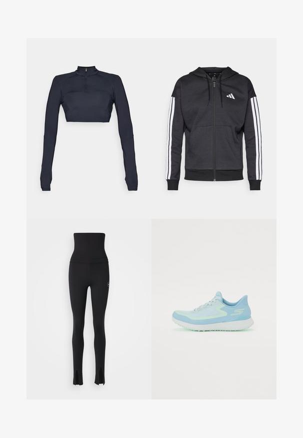 Juodas zip-up džemperis su kapišonu, baltos trijų juostelių dizainas ant rankovių ir priekinė kengūros kišenė. Minkšta medžiaga ir susiėmusios rankovės.; Tamsiai mėlynos ilgos rankovės trumpas viršus su imitaciniu kaklu ir ketvirtinių užtrauktuku, su tekstūruotais pečių intarpais ir prigludusia siluetu.; adidas by Stella McCartney Tamprės - black; Šviesiai mėlynas sportinis batelis su tinklelio viršumi, suapvalinta nosimi, paminkštintu padu ir atspindinčiais akcentais. Apima raištelius ir palaikantį kulną.