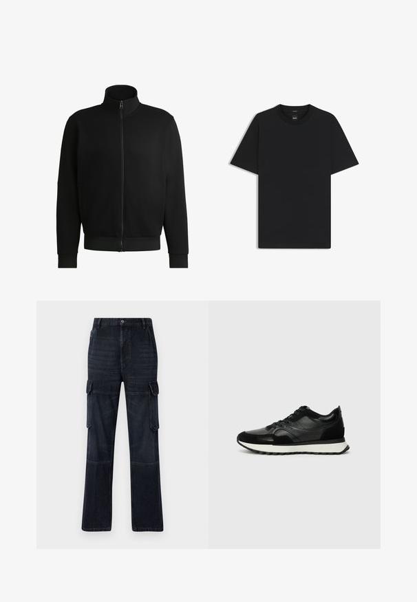 Musta vetoketjullinen takki, jossa on korkea kaulus, valmistettu sileästä kankaasta. Varustettu ribbaetuilla hihansuilla ja helmalla, sivutaskut ja minimaalinen yksityiskohtaisuus.; Musta lyhythiha T-paita, joka on valmistettu sileästä puuvillasekoitteesta. Paita on varustettu pyöreällä pääntiehen ja siinä on minimaalinen muotoilu ilman kuvioita tai yksityiskohtia.; Tummat denim cargo-housut rentoon istuvuuteen, joissa on kaksi sivutaskua, polvinapit ja kontrastivärinen tikkaus. Metallinen nappikiinnitys vyötäröllä.; Mustat lenkkarit, joissa on teksturoitu nahka ja samettimateriaali, valkoisella välipohjalla ja nyörityksellä. Huomattava brändilogo sivussa.