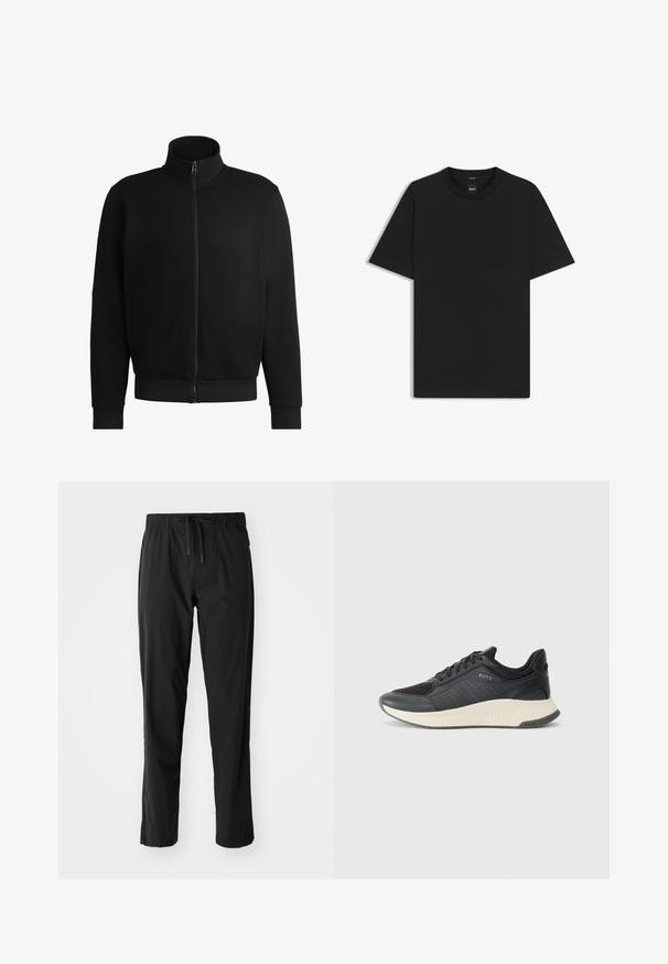 Schwarze Zip-Jacke mit hohem Kragen, aus glattem Stoff gefertigt. Verfügt über gerippte Bündchen und Saum, seitliche Taschen und eine minimalistische Gestaltung.; Schwarz T-Shirt mit kurzen Ärmeln aus einem glatten Baumwollmix, mit Rundhalsausschnitt und einem minimalistischen Design ohne Muster oder Akzente.; BOSS ACTIVE MOVE - Jogginghose - black; Schwarzer athletischer Sneaker mit einem Obermaterial aus Mesh mit Perforationen, einer strukturierten Zwischensohle in Creme und einer Gummisohle für besseren Halt.