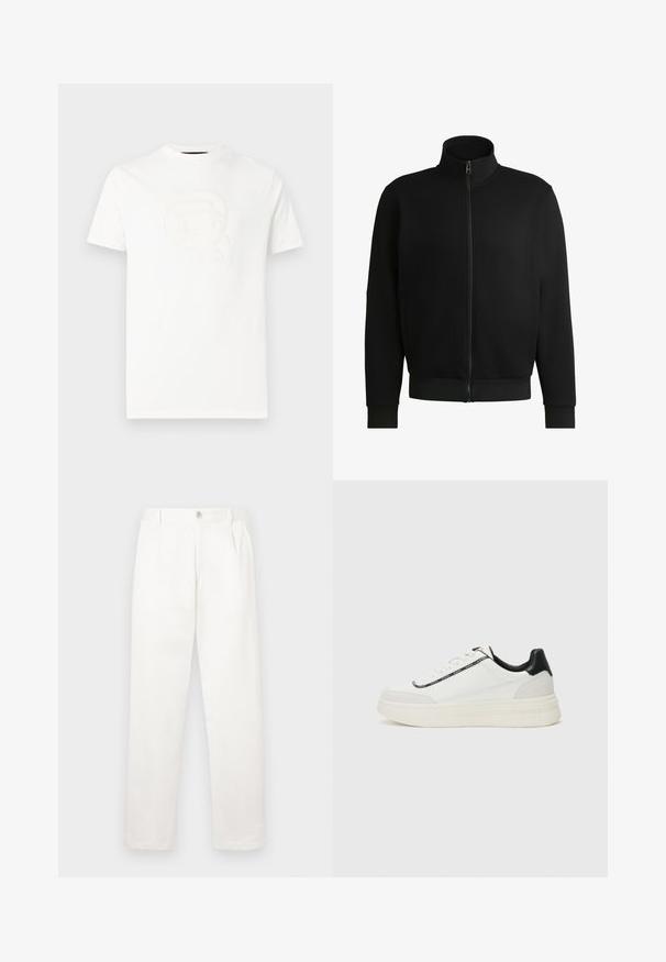 Black zip-up jacket with a high collar, made of smooth fabric. Features ribbed cuffs and hem, with side pockets and minimal detailing.; White short-sleeve T-shirt with embossed graphic of a stylized face wearing sunglasses and a ponytail, with "KARL LAGERFELD" text below.; White trousers made from smooth fabric, featuring a straight leg design, front pleats, and a single button closure at the waist.; White sneaker with black leather accents, a textured sole, laces, and a logo band along the side. Features a smooth and suede finish.