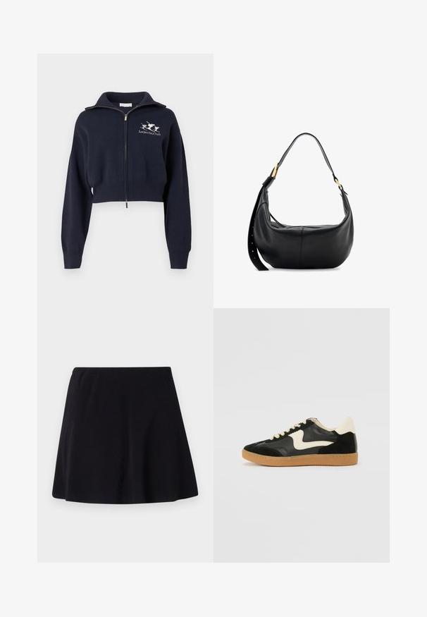 Sweat-shirt bleu marine court à zip avec col montant, doté de poignets et d'une ceinture côtelés, avec un logo blanc brodé sur le côté gauche de la poitrine.; Débardeur blanc à fines bretelles, en tissu de coton côtelé, avec un décolleté droit et une finition soignée à l'ourlet.; Jupe noire, longueur au-dessus du genou, fabriquée dans un tissu léger avec une texture subtile, dotée d'un design évasé et d'une ceinture élastique.; Baskets en daim et cuir noir avec un swoosh latéral crème et un talon crème clair. Dotées de lacets beige et d'une semelle en caoutchouc gomme.; AllSaints LUNA - Sac bandoulière - black