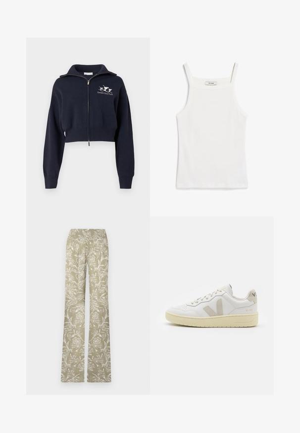 Felpa corta blu navy con zip e collo alto, polsini e fascia in vita a coste, e logo bianco ricamato sul petto a sinistra.; Top bianco senza maniche con sottili spalline, realizzato in tessuto di cotone a coste, con scollatura dritta e orlo rifinito.; Pantaloni svasati in tessuto verde chiaro con un motivo floreale bianco. Presentano una cintura elastica e una superficie testurizzata.; Sneaker in pelle bianca con dettagli in suede beige, punta perforata, lacci piatti e suola testurizzata color crema. Presenta un logo discreto sul tallone.