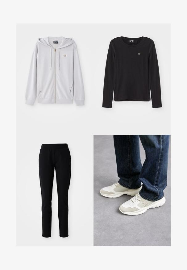 Heledhalli, pehmeast kangast, tõmblukuga kapuutsiga jakk, millel on kuldne tõmblukk ja väike logo rinnal. Sile tekstuur ja mugav lõige.; Musta pikkade varrukatega topp, mis on valmistatud pehmest materjalist. Omab ümarat kaelust ja väikest logo vasakul rinnal. Sile tekstuur, mugav lõige.; Mustad spordipüksid, millel on sobiv siluett, elastne vöökoht ja küljetaskud, millel on vasakul jalal diskreetne logo detail.; Heledad hallid heledas hallis ja pehmest beezist võrkkangast, nahast detailidega. Omab paeltega kinnitamist ja paksu valget kummist tallat. Kandmiseks sinised teksad.