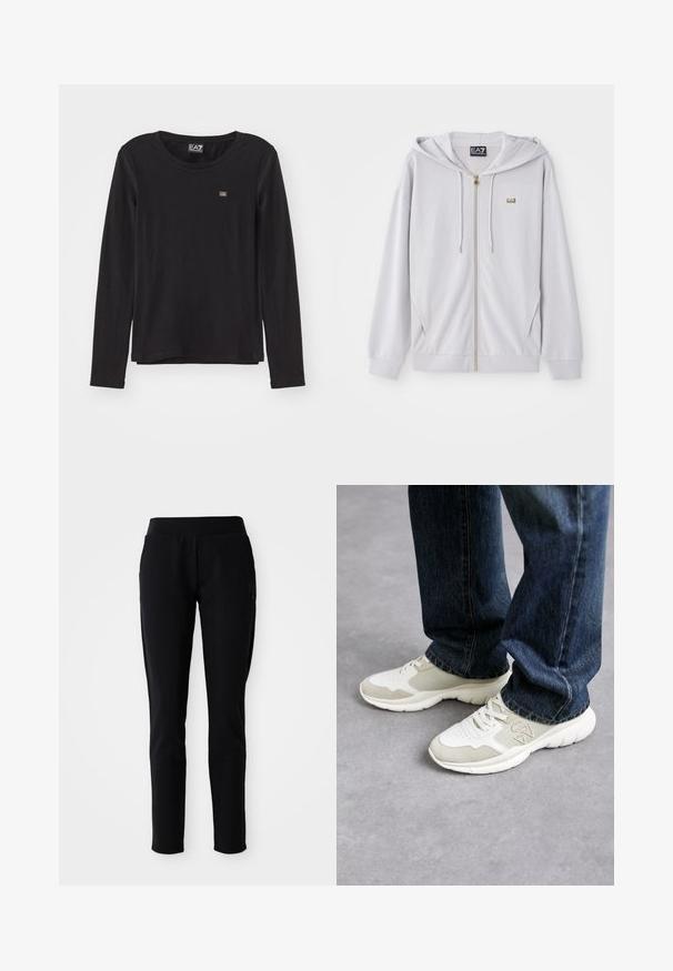 Helle graue Zip-Hoodie aus weichem Material, mit Kapuze, goldfarbenem Reißverschluss und kleinem Logo auf der Brust. Glatte Textur und lässiger Schnitt.; Schwarzes Langarmoberteil aus weichem Material. Verfügt über einen Rundhalsausschnitt und ein kleines Logo auf der linken Brust. Geschmeidige Textur, lockere Passform.; Schwarze Sporthosen mit einer taillierten Passform, elastischem Bund und seitlichen Taschen, die ein dezentes Logodesign am linken Bein aufweisen.; Sneaker in Hellgrau und sanftem Beigegitter mit Wildlederelementen. Merkmale ein Schnürdesign und eine dicke weiße Gummisohle. Getragen zu blauen Jeans.