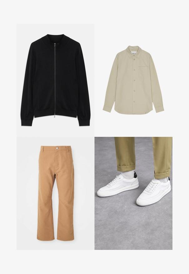 Czarny kardigan z długim rękawem i zamkiem błyskawicznym, z ribbingu na dekolcie, mankietach i dolnym wykończeniu, wyeksponowany na białym tle.; Beżowa koszula z długim rękawem na guziki z wywiniętym kołnierzykiem, pojedynczą kieszenią na piersi i subtelną fakturą. Posiada kontrastowe guziki i staranne szycie.; Brązowe bawełniane spodnie o prostym kroju, z pojedynczym zapięciem na guzik i subtelnymi przeszyciami dla dodatkowego detalu.; Białe sneakersy z fakturowaną skórzaną wykończeniem, okrągłym noskiem i czarnym akcentem na pięcie. Gumowa podeszwa z małym wzorem bieżnika i przeszyciem.