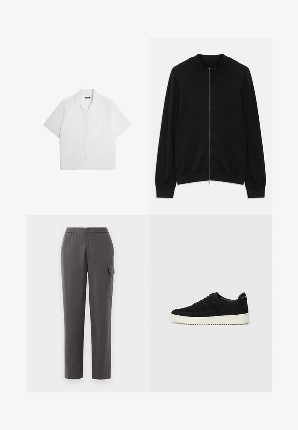 Mustassa pitkähihainen vetoketjullinen neuletakki, jossa on taitettu pääntie, hihansuut ja helma, esillä valkoista taustaa vasten.; Lyhythihainen valkoinen paita, pehmeä rakenne, nappikiinnitys edessä, levitetty kaulus, yksi rintatasku, rento laatikkomainen muotoilu. Yksivärinen ilman kuvioita.; Housut harmaana, rentona istuvuutena, valmistettu sileästä kankaasta. Ominaisuuksina nappikiinnitys, sivutaskut ja kankaan sivussa cargo-tasku.; Mustat mokkakengät nauhoilla ja kontrastivalkoisella kumipohjalla. Varustettu teksturoiduilla sivupaneeleilla ja huomaamattomalla brändäyksellä kantapäässä.