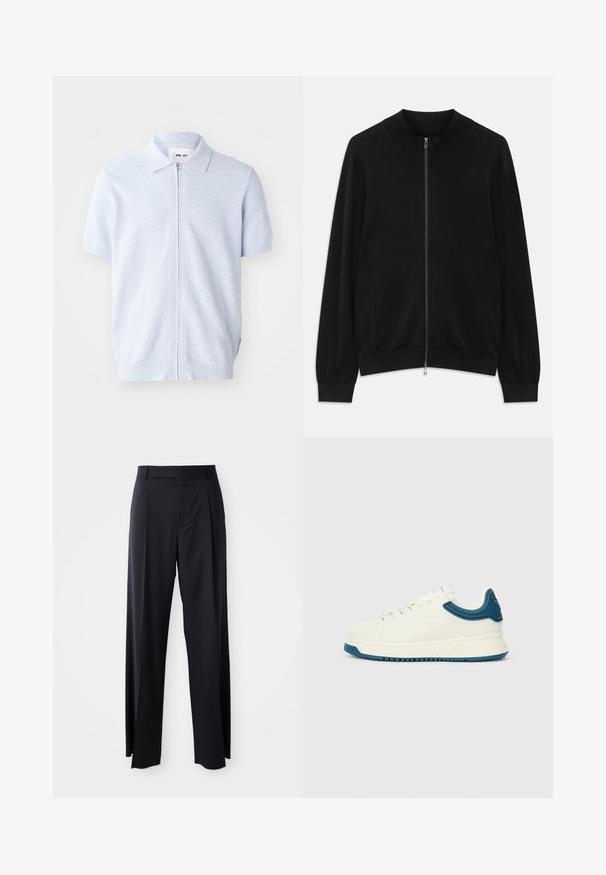 Černý dlouhý rukáv svetr na zip s žebrovaným crew neckem, manžetami a lemem, vystavený na bílém pozadí.; Světle modrá polo košile s krátkým rukávem, má zipový uzávěr a žebrovanou texturu, s klasickým designem límce a rovnou spodní částí.; Černé kalhoty s vysokým pasem a širokým střihem, vyrobené z hladké látky. Mají přední sklady a poutka na opasek. Minimalistický design, bez viditelného kovového hardwaru.; Bílé tenisky s hladkým povrchem, modrými texturovanými akcenty kolem límce a silnou podešví. Obsahují kulaté tkaničky a nízký design.