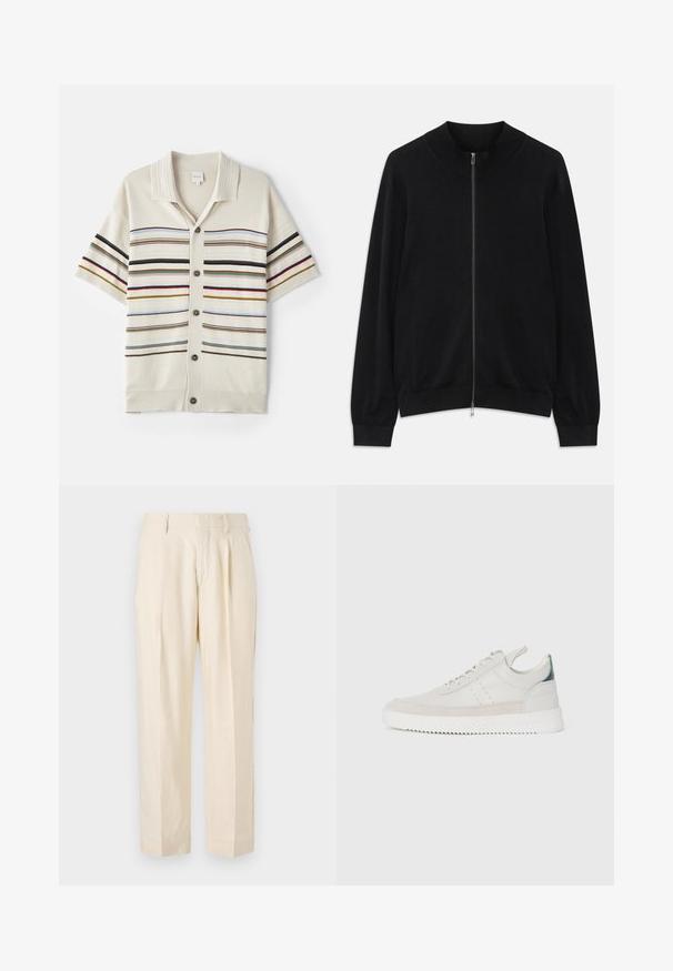 Cardigan nero a maniche lunghe con zip, con collo a girocollo, polsini e orlo a coste, esposto su uno sfondo bianco.; Cardigan corto a maniche corte di maglia color crema con chiusura a bottoni, caratterizzato da righe orizzontali in vari colori e colletto e polsini a coste.; NN.07 KAY - Pantaloni - off white; Sneaker bianche in pelle con dettagli in suede grigio, design con lacci, bollino per il tallone e suola in gomma testurizzata caratterizzata da un motivo a zigzag.