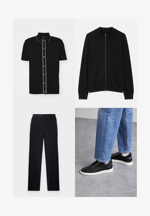 Cardigan nero a maniche lunghe con zip, con collo a girocollo, polsini e orlo a coste, esposto su uno sfondo bianco.; Polo shirt nera a maniche corte con colletto, caratterizzata da una striscia verticale blu chiaro e bottoni a contrasto lungo la parte anteriore.; Pantaloni neri realizzati in un tessuto leggero e strutturato, con taglio dritto, vita elasticizzata e tasche laterali con zip.; Sneakers in pelle nera con suole in gomma bianca, dotati di lacci rotondi, superficie liscia e un sottile marchio sul tallone. Indossati con jeans blu.