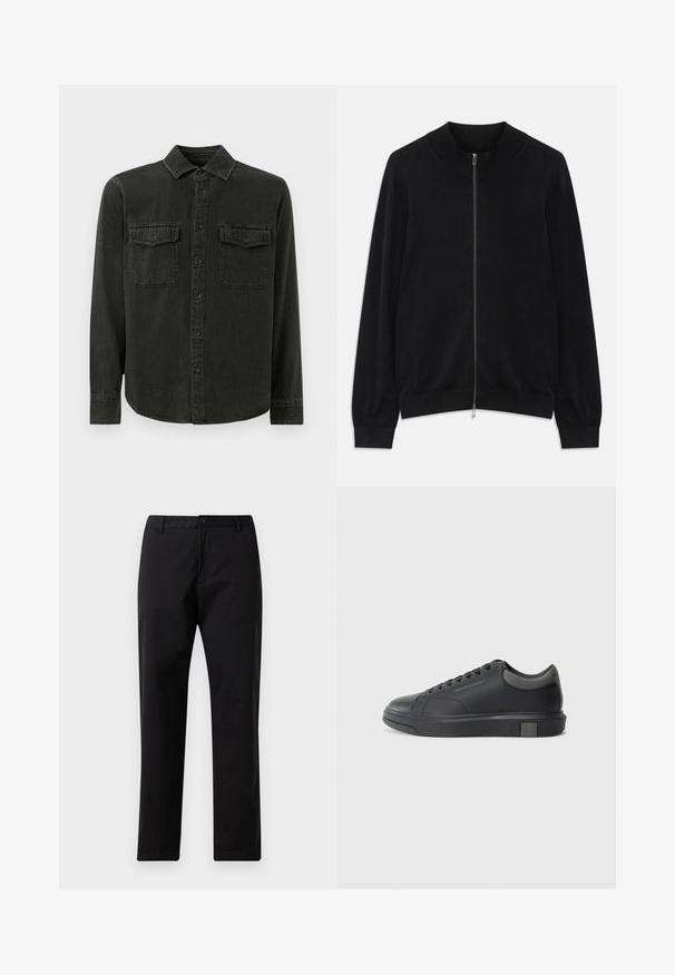 Cardigan nero a maniche lunghe con zip, con collo a girocollo, polsini e orlo a coste, esposto su uno sfondo bianco.; Camicia verde scuro con bottoni, realizzata in tessuto morbido, caratterizzata da un colletto, due tasche sul petto, maniche lunghe e un orlo dritto.; Pantaloni neri a gamba dritta con chiusura a bottone e zip, passanti per cintura e tasche frontali, esposti su sfondo bianco.; Sneaker in pelle nera con finitura liscia, punta arrotondata e accenti grigio scuro. Presenta un design con lacci e suola in gomma testurizzata.