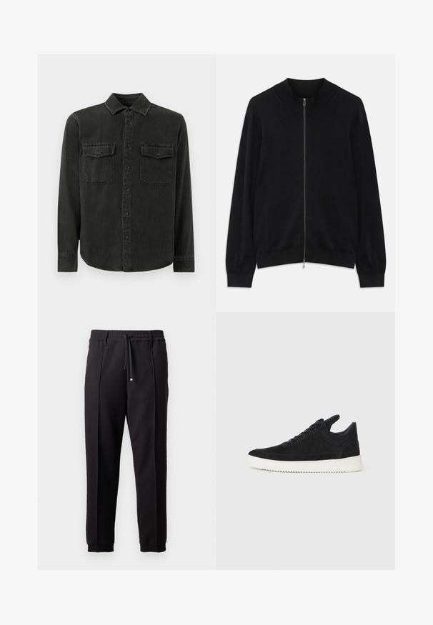 Cardigan negru cu mânecă lungă și fermoar, cu guler, manșete și tiv cu model în relief, expus pe un fundal alb.; Cămașă închisă la culoare, de tip button-up, confecționată dintr-un material moale, având guler, două buzunare pe piept, mâneci lungi și un tiv drept.; Pantaloni negri cu un brâu, șnur și manșete elastice. Prezintă pliuri și un material neted, texturat.; Sneakers negre din suede cu o talpă din cauciuc albă, prezentând cusături tonale și un design cu șireturi. Textură netedă cu o formă modernă și aerodinamică.