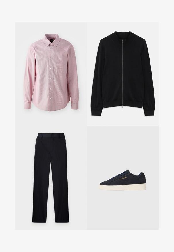 Svart langermet zip-up cardigan med ribbestrikket rund hals, mansjetter og nederkant, vist mot en hvit bakgrunn.; Rosa stripete langermet skjorte med krage som kan kneppes, frontåpning, hvite knapper og en liten logo på venstre bryst.; Sorte bukser med lett og teksturert stoff, rett ben-design, elastisk midjebånd og sidelommer med glidelås.; Marineblå ankelhøyde sneakers i semsket skinn med hvit såle, marineblå snøringer, og "Filling Pieces"-logo i gull på siden.