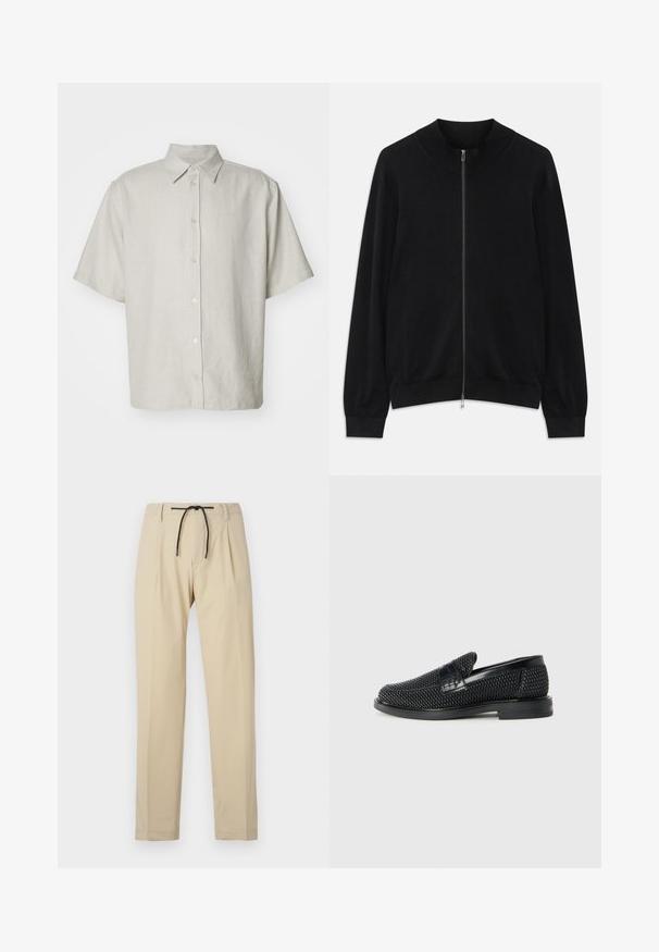 Cárdigan negro de manga larga con cremallera, con cuello redondo acanalado, puños y dobladillo, presentado sobre un fondo blanco.; Camisa de manga corta con cuello en beige claro con una sutil textura acanalada, que cuenta con cinco botones en el frente y un corte relajado.; Pantalones beige de corte recto, con cintura elástica ajustable, frontal con pliegues y textura suave. Diseño simple y versátil.; Zapato negro de tejido con un acento de cuero suave en la parte superior, diseño de punta redonda y suela de goma de perfil bajo.