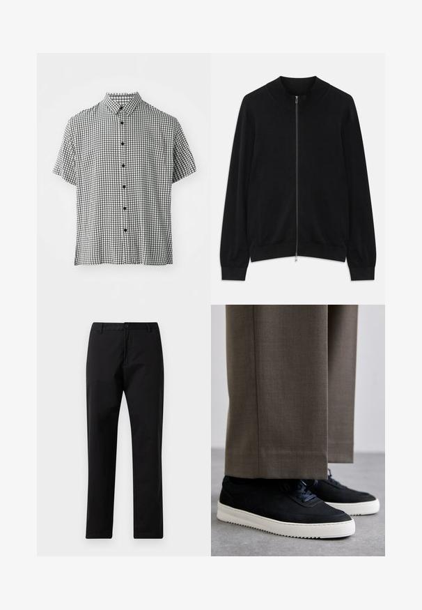 Black long-sleeve zip-up cardigan with ribbed crew neck, cuffs, and hem, displayed against a white background.; Short-sleeve button-up shirt with a black and white grid pattern, featuring a classic collar and black buttons down the front.; Black straight-leg trousers with button and zip closure, belt loops, and front pockets, displayed on white background.; Black suede sneakers with white rubber soles, featuring a rounded toe and laces, worn with gray tailored pants.