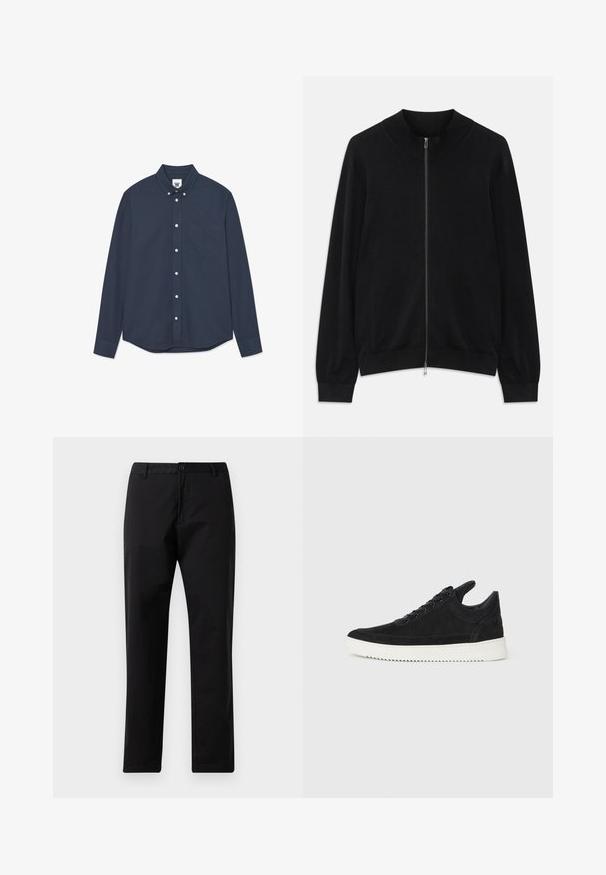 Črn dolgrokavnik z zadrgo in rebrastim ovratnikom, manšetami in robom, prikazan na beli podlagi.; Temno modra srajca z dolgimi rokavi z gumbi, z žepom na sprednji prsni strani in majhnim vezenim logotipom na žepu ter nalepki na ovratniku.; Črne trdne hlače z ravnimi nogami, z gumbom in zadrgo, z luknjami za pas in sprednjimi žepi, prikazane na belem ozadju.; Črne semiš športne copate z belo gumijasto podplatom, ki imajo toneče šive in vezalni dizajn. Gladka tekstura z modernim, poenoteno oblikovano silhueto.