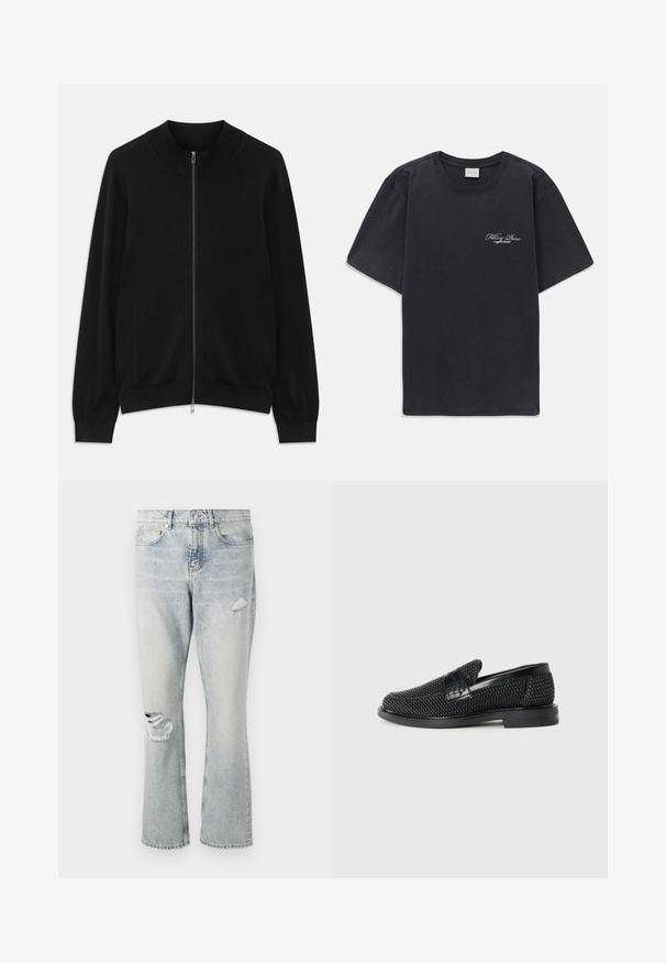 Svart langermet zip-up cardigan med ribbestrikket rund hals, mansjetter og nederkant, vist mot en hvit bakgrunn.; Svart kortermet t-skjorte med rund hals og liten hvit "Filling Pieces" tekstlogo på venstre bryst.; Lys blå denimjeans med høy midje, rette ben og slitte detaljer på høyre lår og venstre kne.; Sorte vevde slip-on sko med en glatt lærdetalj på overdelen, design med rund tå og en lavprofil gummisåle.