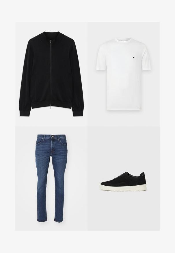 Fekete, hosszú ujjú, cipzáros kardián, bordázott kerek nyakkal, mandzsettákkal és aljjal, fehér háttér előtt bemutatva.; Fehér pamutpóló kerek nyakkivágással és rövid ujjakkal. Bal oldali mellrészen egy kis fekete logó található. Simas textúra, kényelmes, laza szabás.; Sötétkék farmernadrág, slim fit, klasszikus öt zsebes kialakítással, kontrasztos varrással és egyenes lábszárral.; Fekete velúr sportcipő fűzős dizájnnal és kontrasztos fehér gumitalppal. Jellemzői a textúrázott oldalpanelek és a diszkrét logó a sarokon.