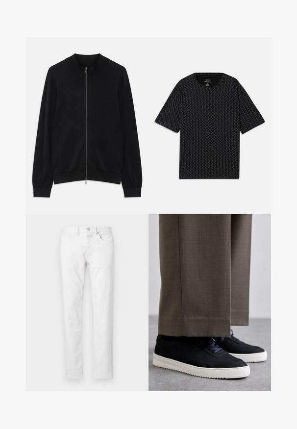 Juodas ilgas rankovėmis zip-up megztinis su banguotu apykakle, rankogaliais ir apačia, pateiktas prieš baltą foną.; Juodas marškinėliai su tekstūruotu pakaitinių 'A' logotipų raštu, trumpomis rankovėmis ir apvalia iškirpte. Pagaminti iš lengvos medžiagos.; Balti tiesūs džinsai, pagaminti iš džinsinio audinio, su penkiomis kišenėmis, sagčių uždarymu ir klasikinio kirpimo, turintys minimalų tekstūros pavadinimą.; Juodi zomšiniai sportbačiai su baltais guminiais padais, su apvalia nosimi ir raišteliais, dėvimi su pilkais pritaikytais kelnais.