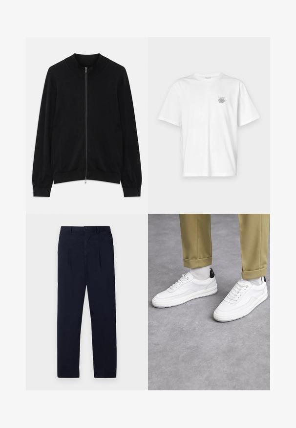 Czarny kardigan z długim rękawem i zamkiem błyskawicznym, z ribbingu na dekolcie, mankietach i dolnym wykończeniu, wyeksponowany na białym tle.; Biała koszulka z bawełny z krótkimi rękawami, okrągłym dekoltem i małym szarym logo po lewej stronie klatki piersiowej. Gładka tekstura.; Granatowe spodnie wykonane z lekkiego materiału, z prostym przodem, dwoma plisami oraz standardowym zapięciem na guzik w pasie.; Białe sneakersy z fakturowaną skórzaną wykończeniem, okrągłym noskiem i czarnym akcentem na pięcie. Gumowa podeszwa z małym wzorem bieżnika i przeszyciem.