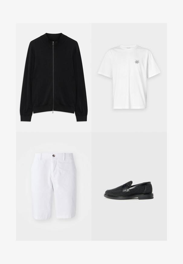 Cardigan negru cu mânecă lungă și fermoar, cu guler, manșete și tiv cu model în relief, expus pe un fundal alb.; Tricou alb din bumbac, cu mâneci scurte, guler rotund și un mic logo gri în zona stângă a pieptului. Textură netedă.; Shorts albi din bumbac cu un croi drept, două buzunare frontale și închidere cu un singur nasture la talie. Textură netedă, design până la genunchi.; Pantofii negri din material textil, cu accent din piele netedă pe partea superioară, design cu vârf rotund și talpă din cauciuc de profil redus.