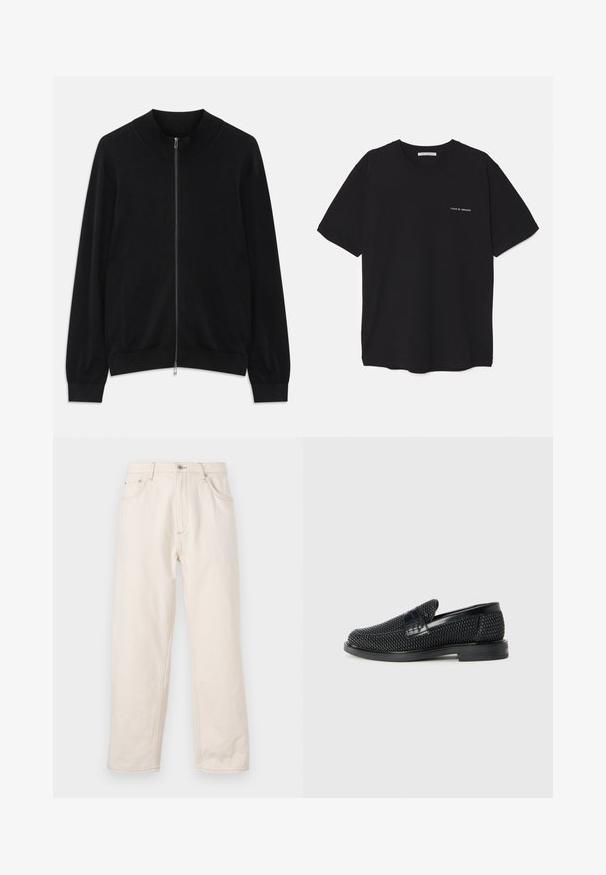 Cardigan noir à manches longues avec fermeture éclair, col rond côtelé, poignets et ourlet, présenté sur un fond blanc.; T-shirt en coton noir avec un col rond, des manches courtes et un logo blanc imprimé sur la poitrine gauche. Design simple, couleur unie.; Jean droit beige en denim, avec une fermeture à boutons, cinq poches et des détails de couture visibles. Texture lisse.; Chaussure slip-on tissée noire avec un accent en cuir lisse sur le dessus, un design à bout rond et une semelle en caoutchouc à profil bas.
